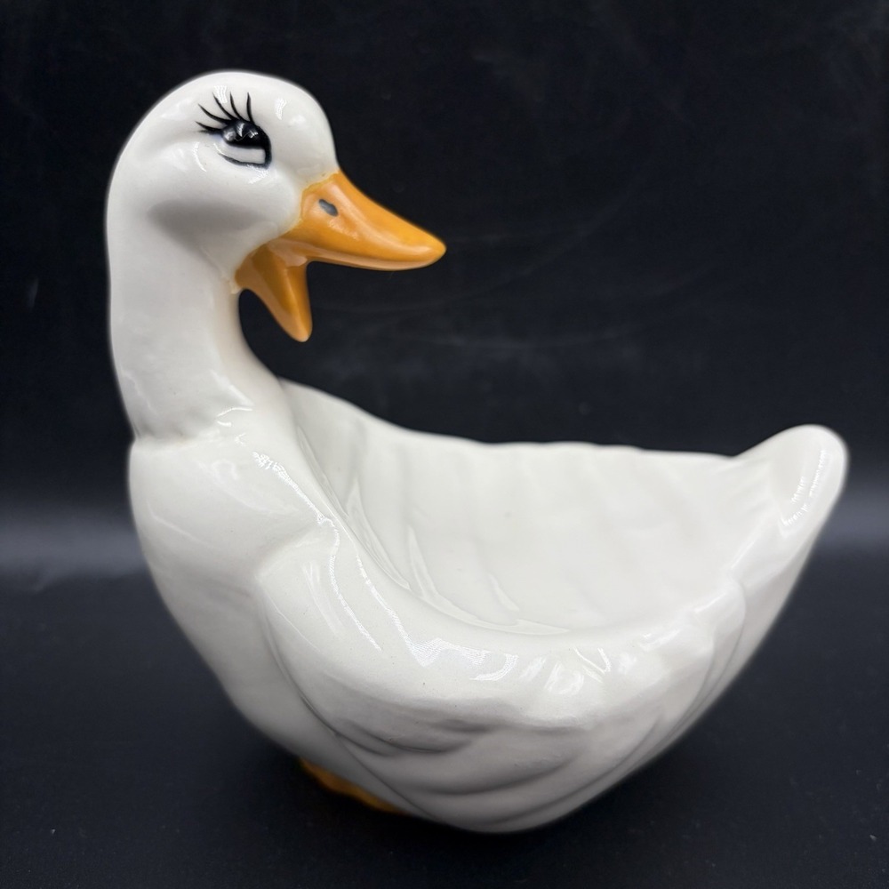 Vintage MCM‎ Ceramic Duck Goose Soap Dish Cottage Core White Yellow